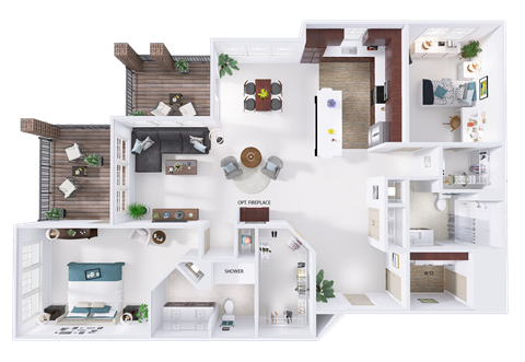 Floor plan for 2 beds, 2 baths, 1635 sqft